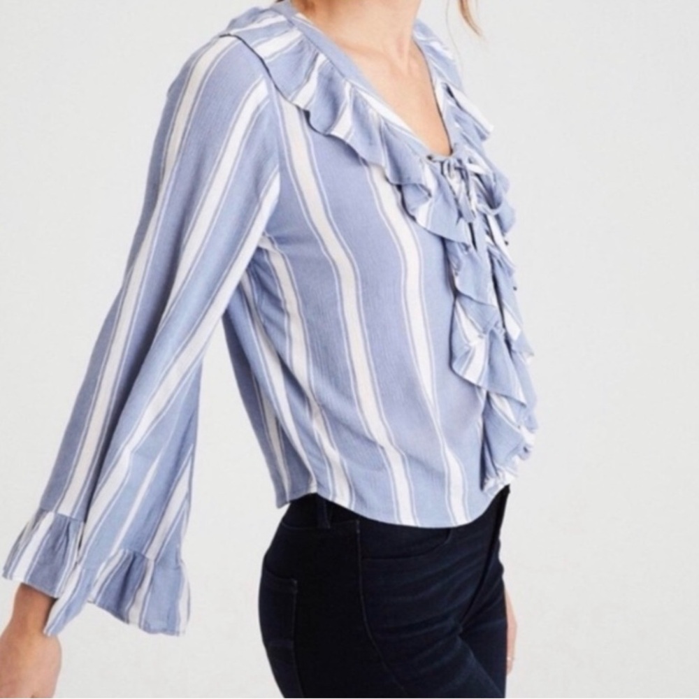 American Eagle Blue White Ruffle Tie Neck Bell Sleeve Blouse S
